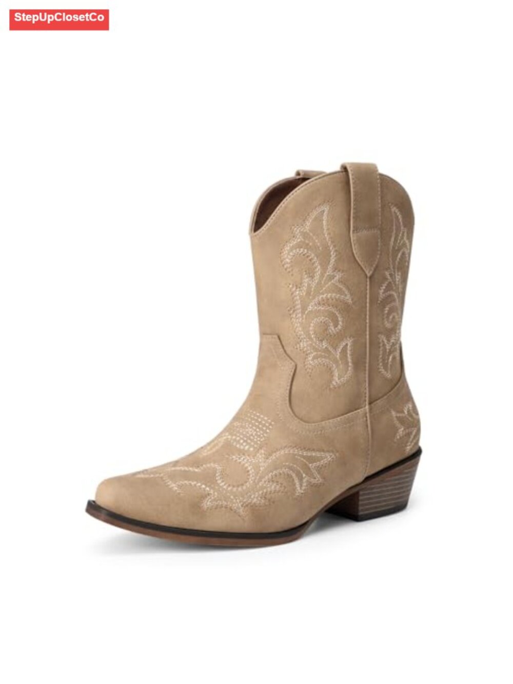 Faux Leather Western Ankle Boots Block Heel Embroidered Cowboy Booties